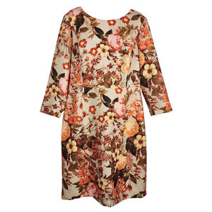 Talbots Womens Sheath Dress Floral Gold Orange 3/4 Sleeve Knee Size 12 Colorful